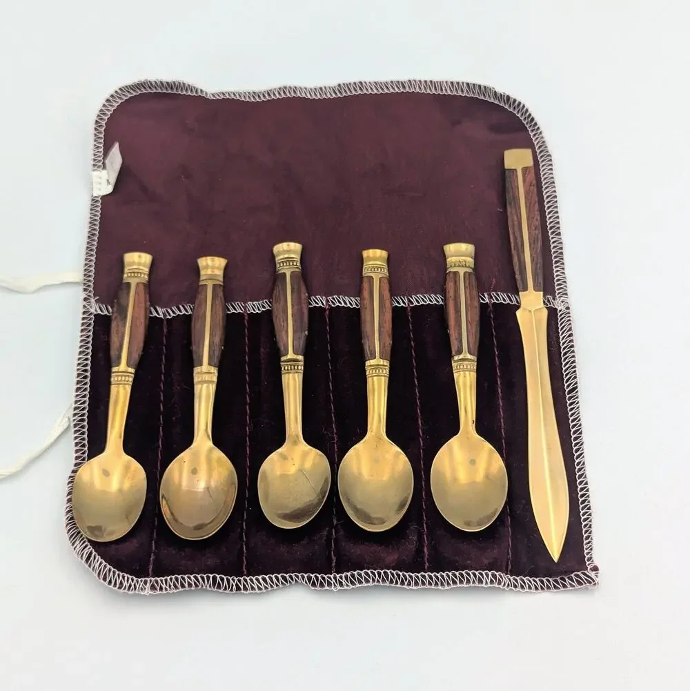 Vintage Thailand Brass & Rosewood Spoon Set – Flatware w Velvet Case